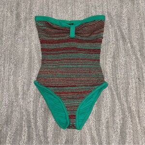 Striped Strapless One-Piece Swimsuit in Teal and Red